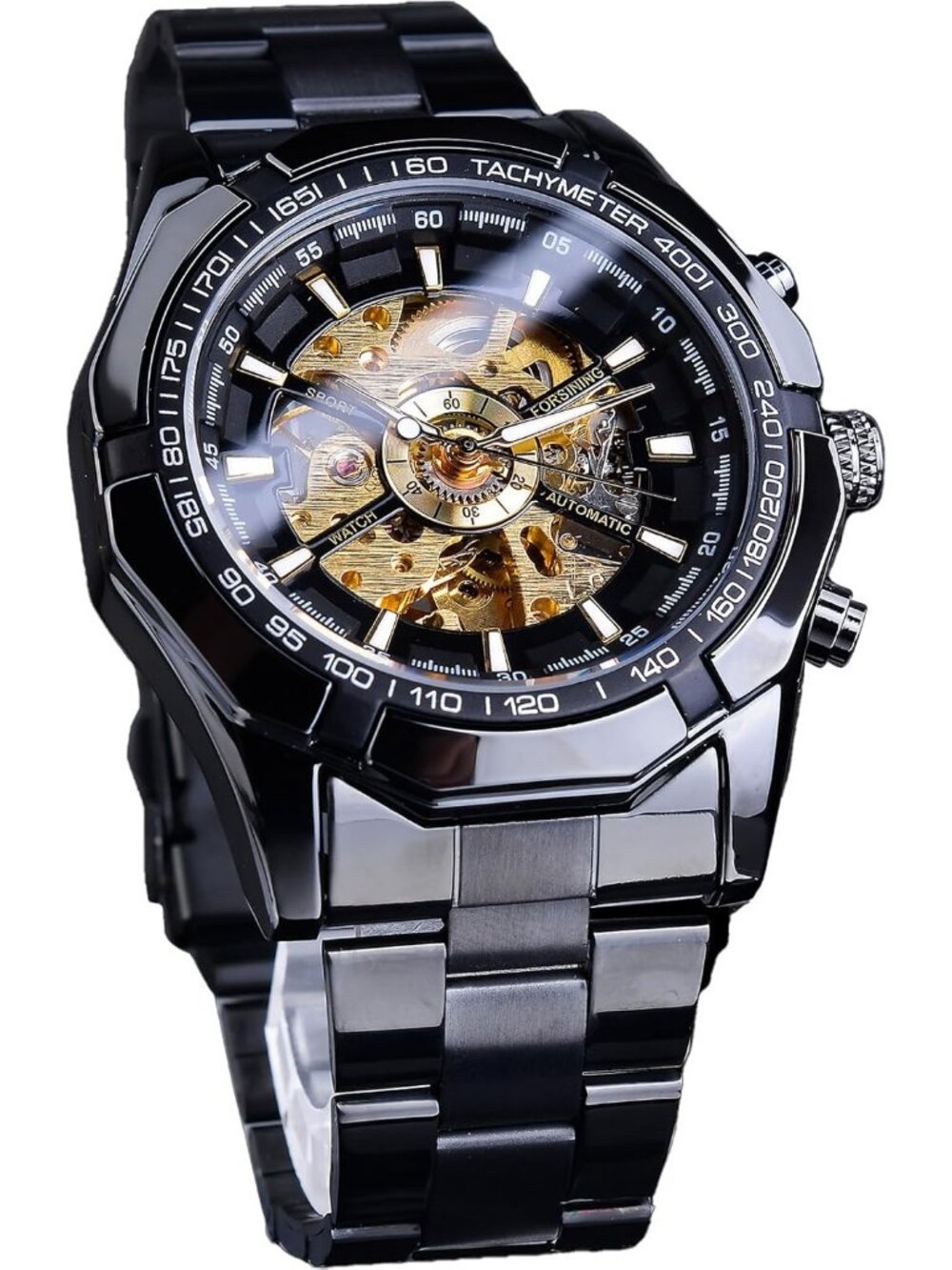 Men's Black Gold Self-Wind Skeleton Hollow Out Mechanical Automatic Luxury Watch